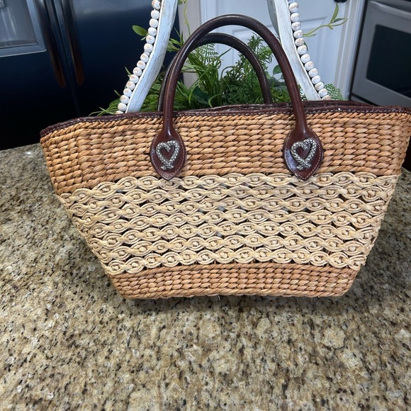 Boho Vintage  Brighton Tan and Brown Woven Tote Bag with Leather Handles. - Picture 4 of 13